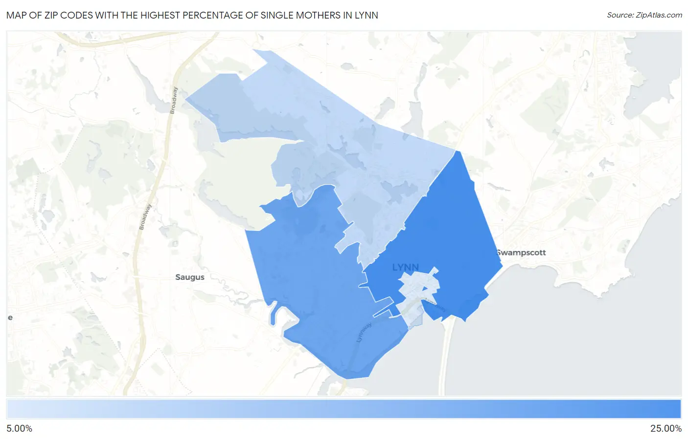 Zip Codes with the Highest Percentage of Single Mothers in Lynn Map