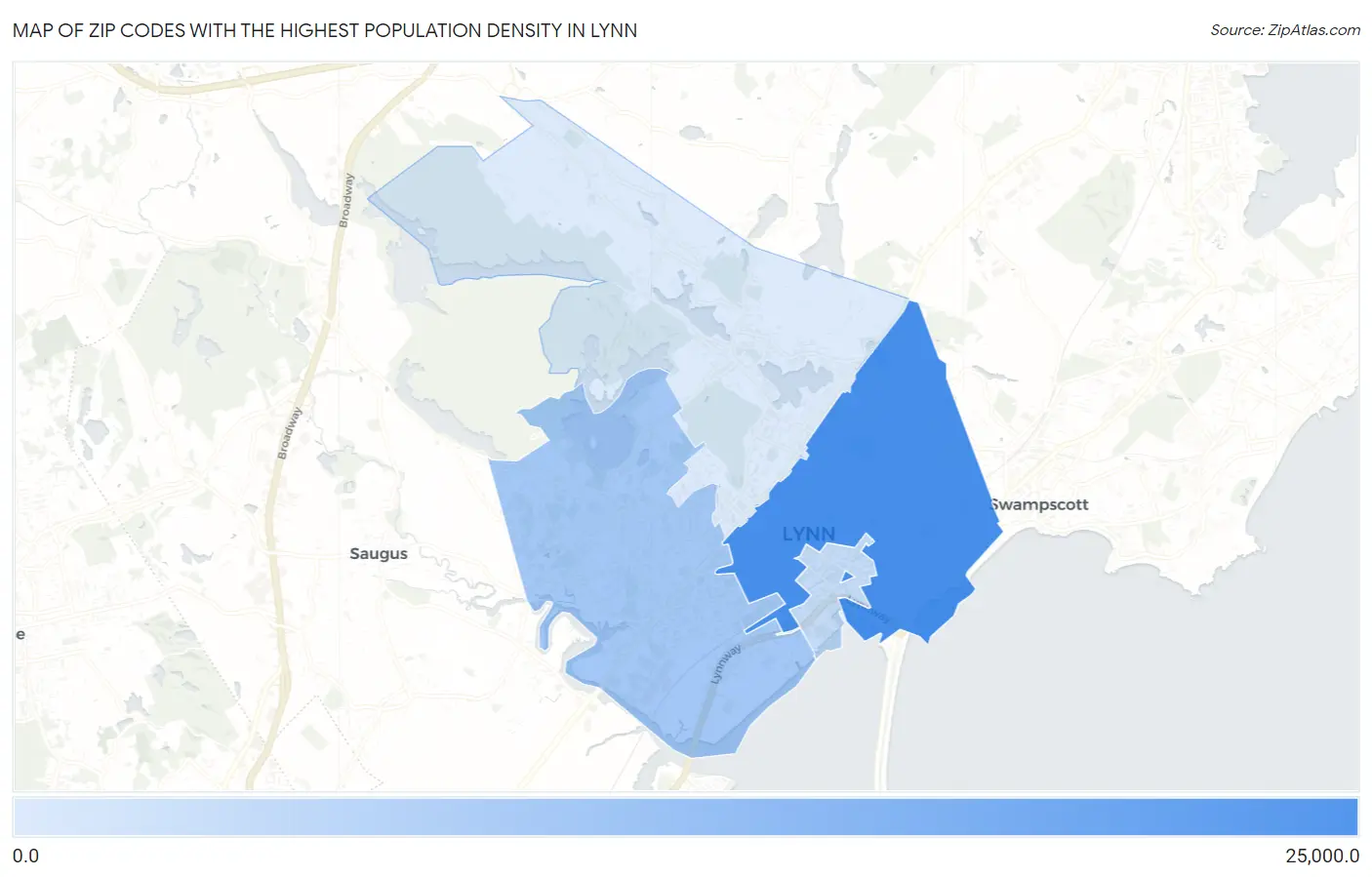 Zip Codes with the Highest Population Density in Lynn Map