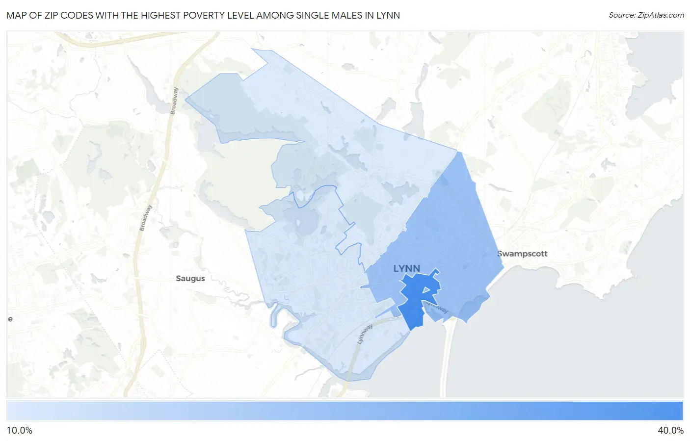 Zip Codes with the Highest Poverty Level Among Single Males in Lynn Map