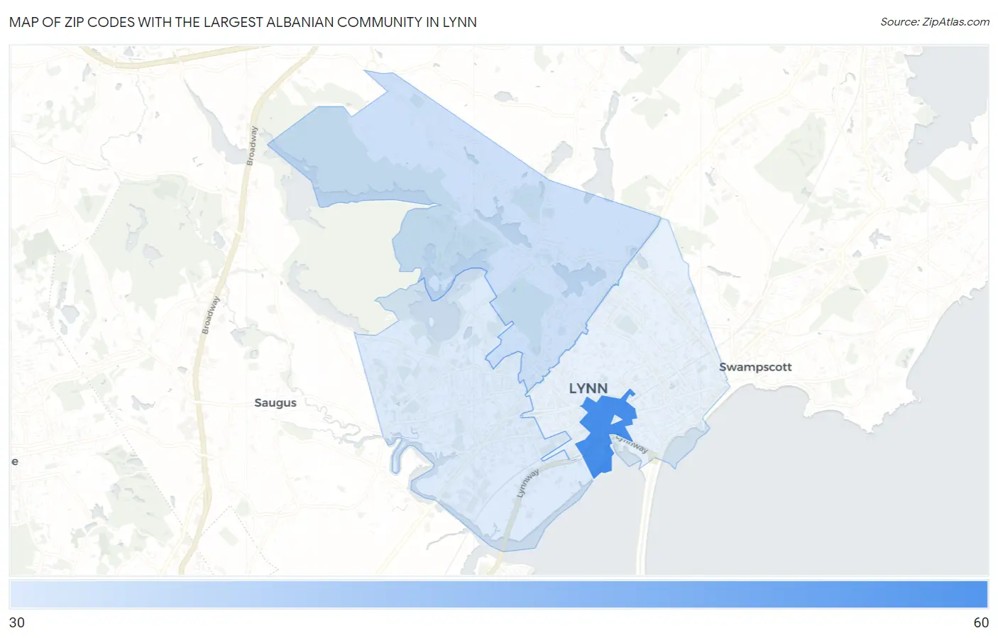 Zip Codes with the Largest Albanian Community in Lynn Map