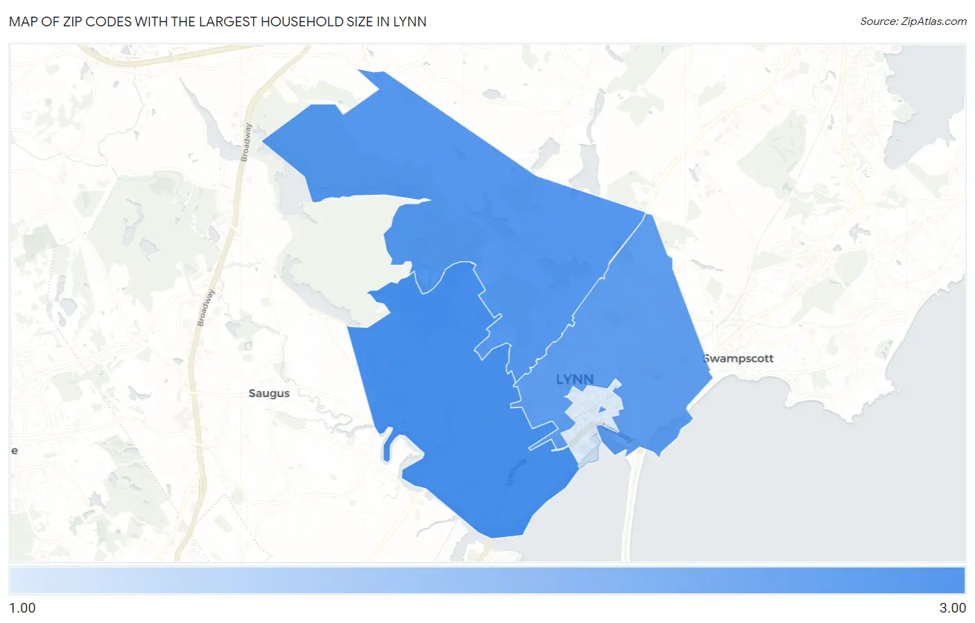 Zip Codes with the Largest Household Size in Lynn Map