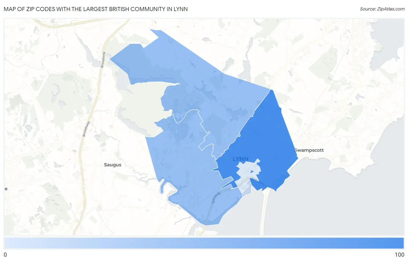 Zip Codes with the Largest British Community in Lynn Map