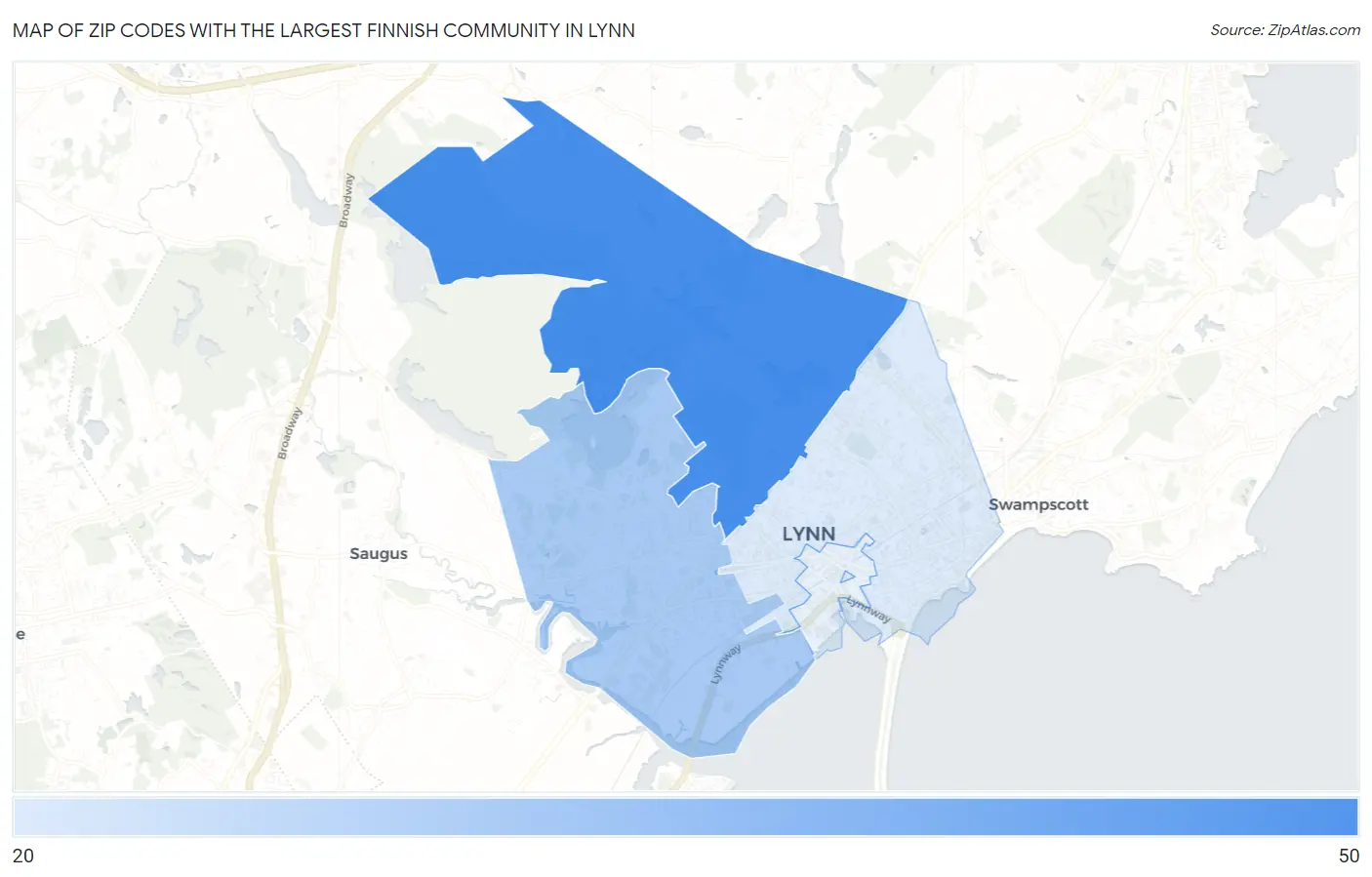Zip Codes with the Largest Finnish Community in Lynn Map