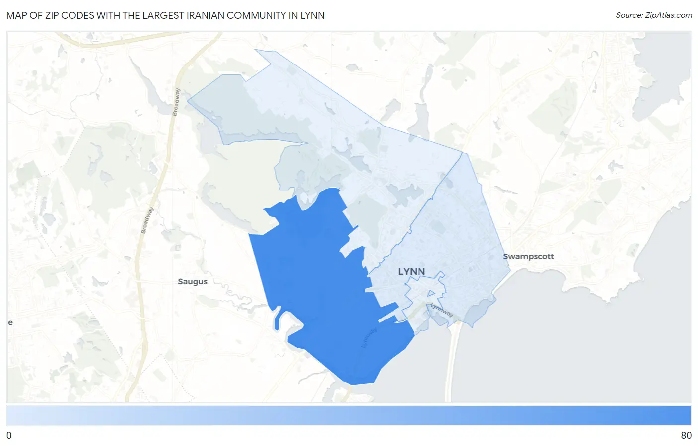 Zip Codes with the Largest Iranian Community in Lynn Map