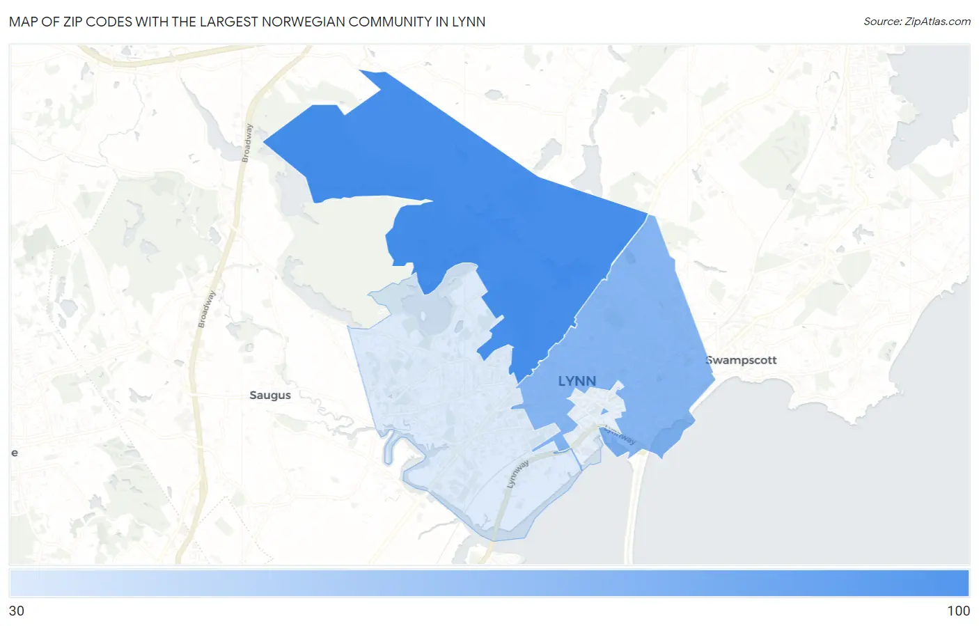 Zip Codes with the Largest Norwegian Community in Lynn Map