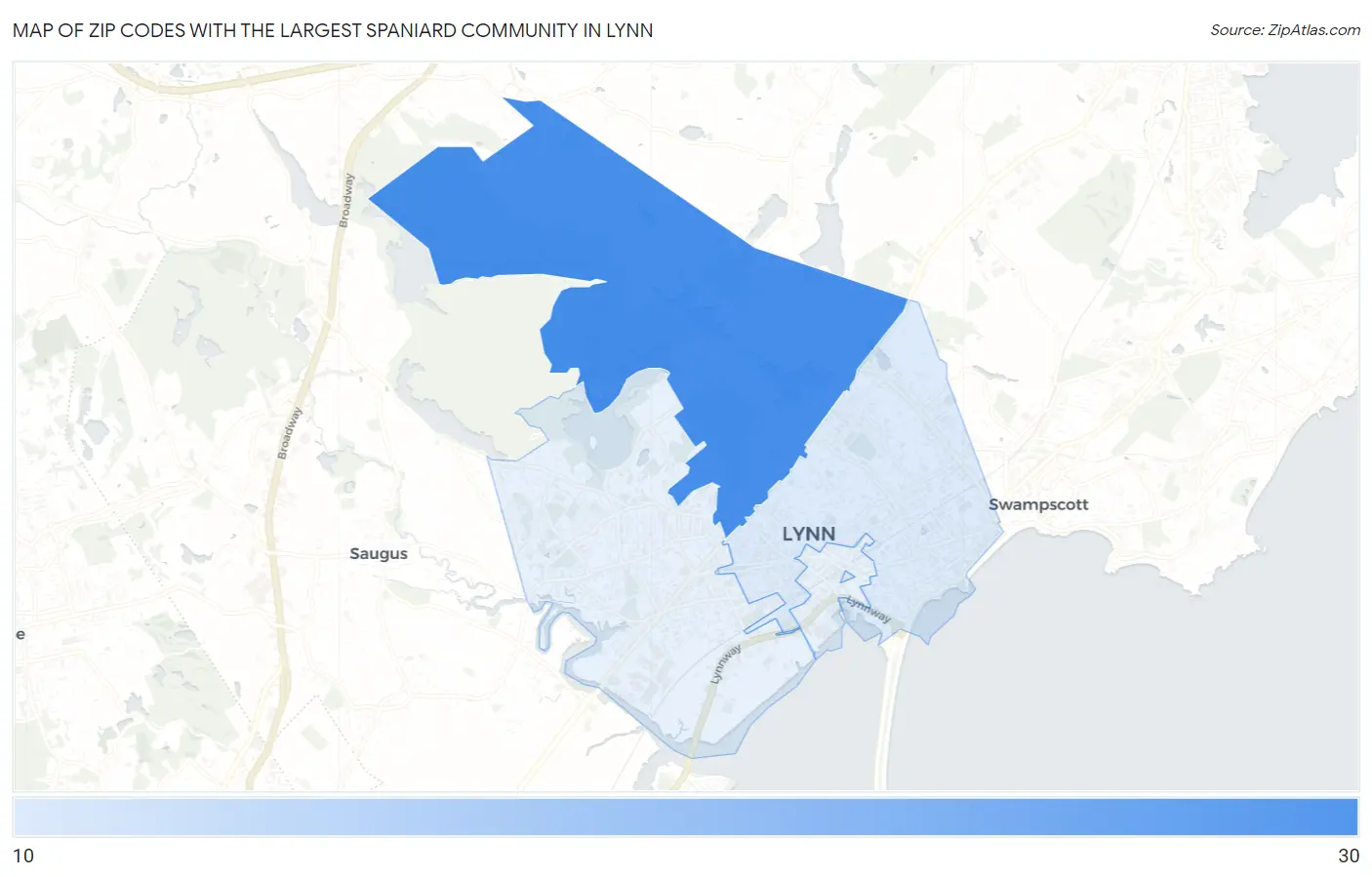 Zip Codes with the Largest Spaniard Community in Lynn Map