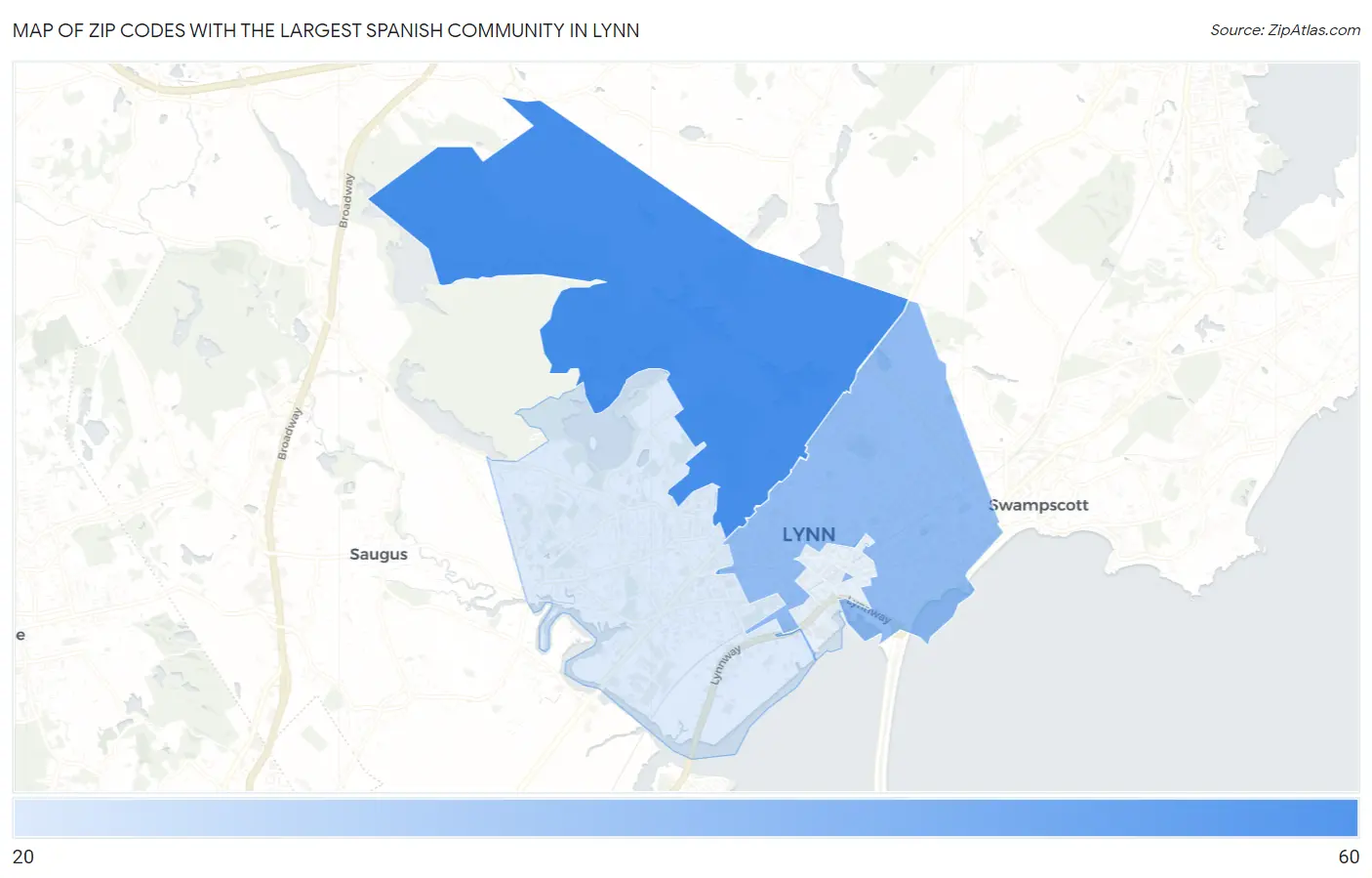 Zip Codes with the Largest Spanish Community in Lynn Map