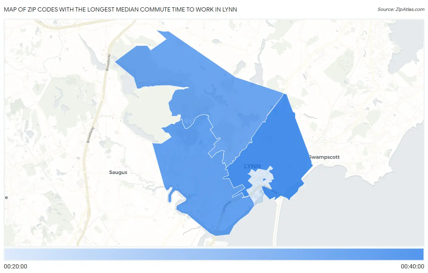 Zip Codes with the Longest Median Commute Time to Work in Lynn Map