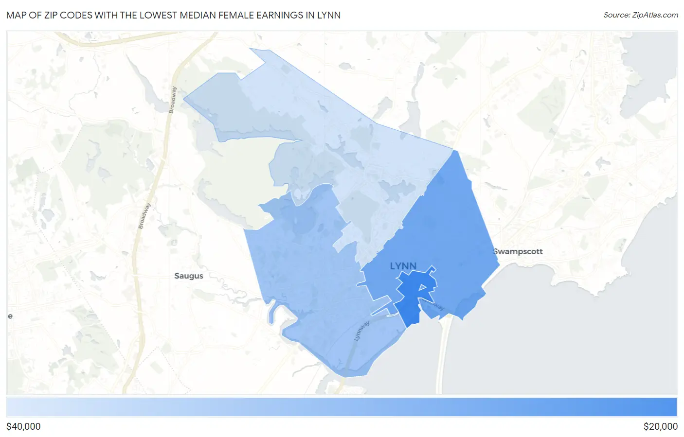 Zip Codes with the Lowest Median Female Earnings in Lynn Map