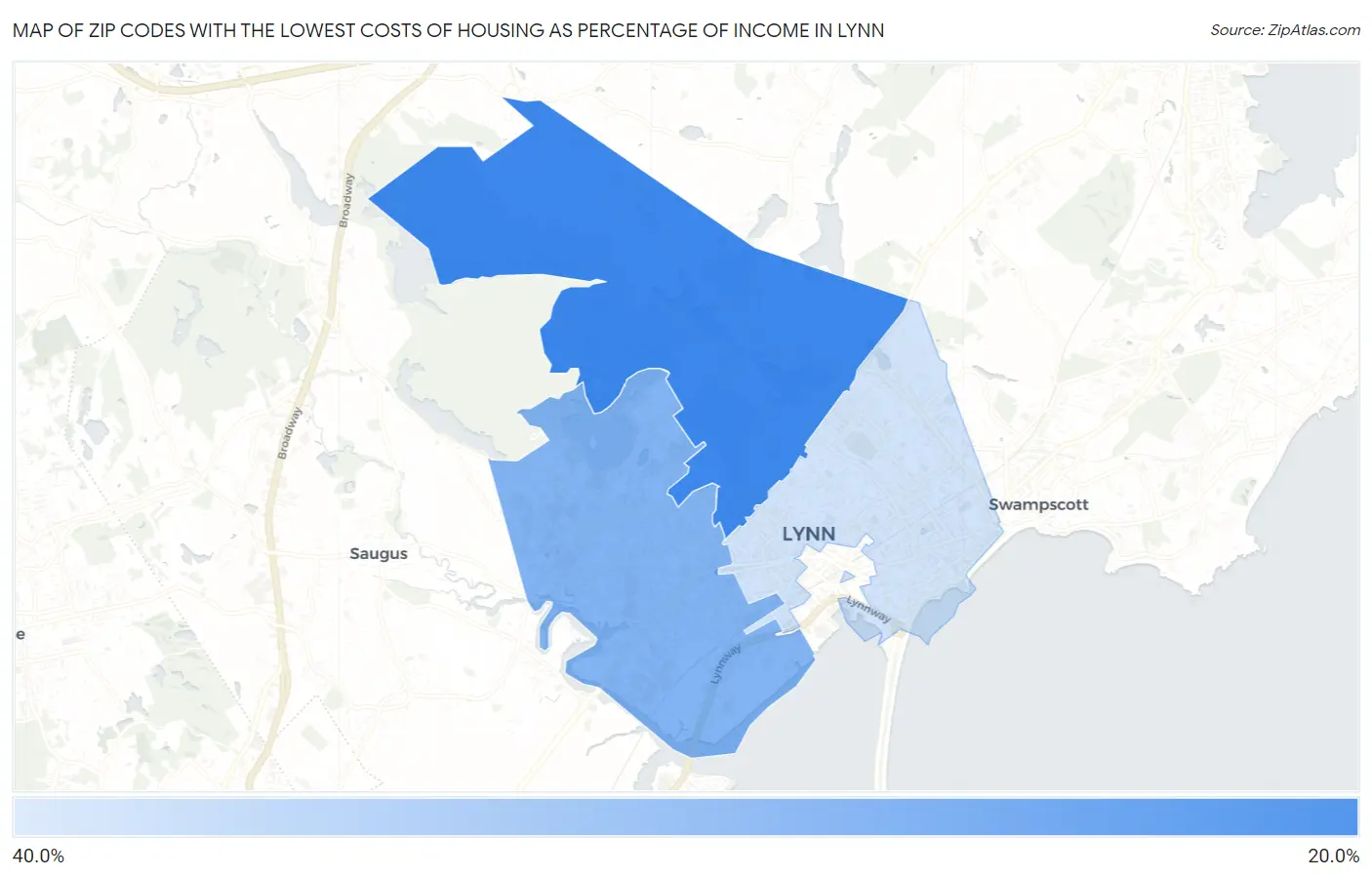 Zip Codes with the Lowest Costs of Housing as Percentage of Income in Lynn Map
