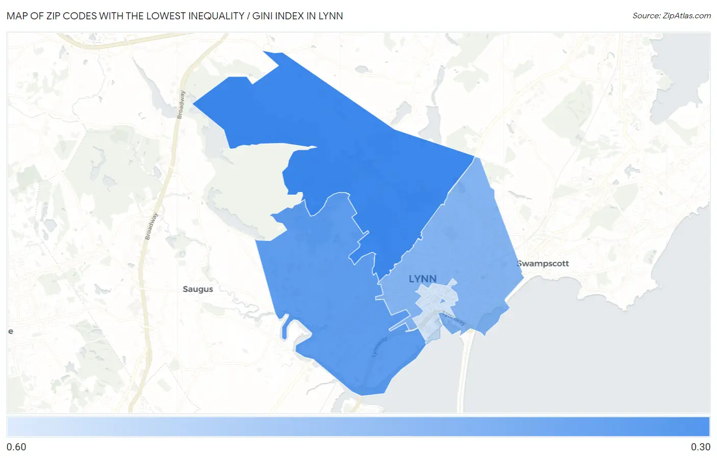 Zip Codes with the Lowest Inequality / Gini Index in Lynn Map