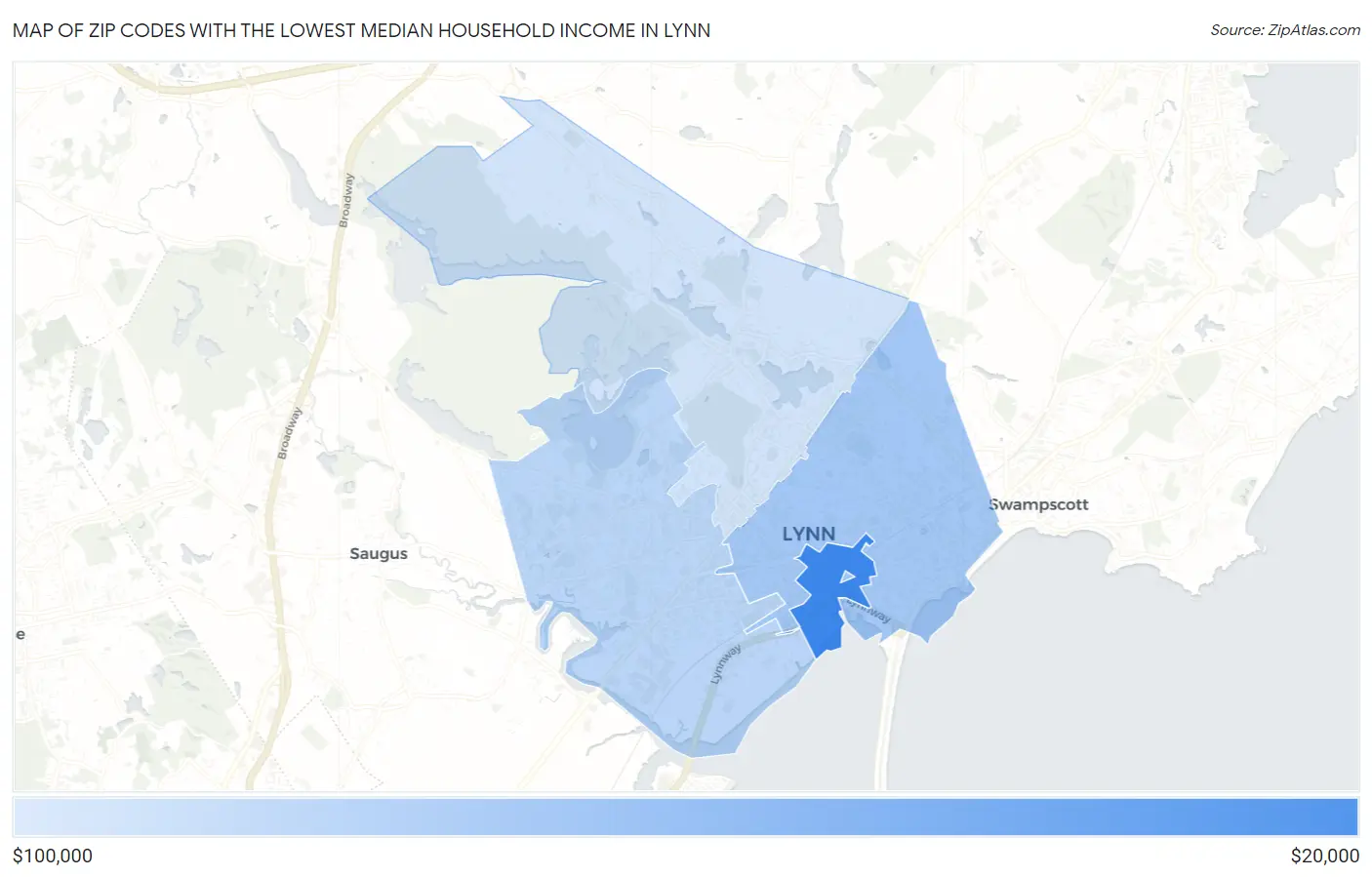 Zip Codes with the Lowest Median Household Income in Lynn Map