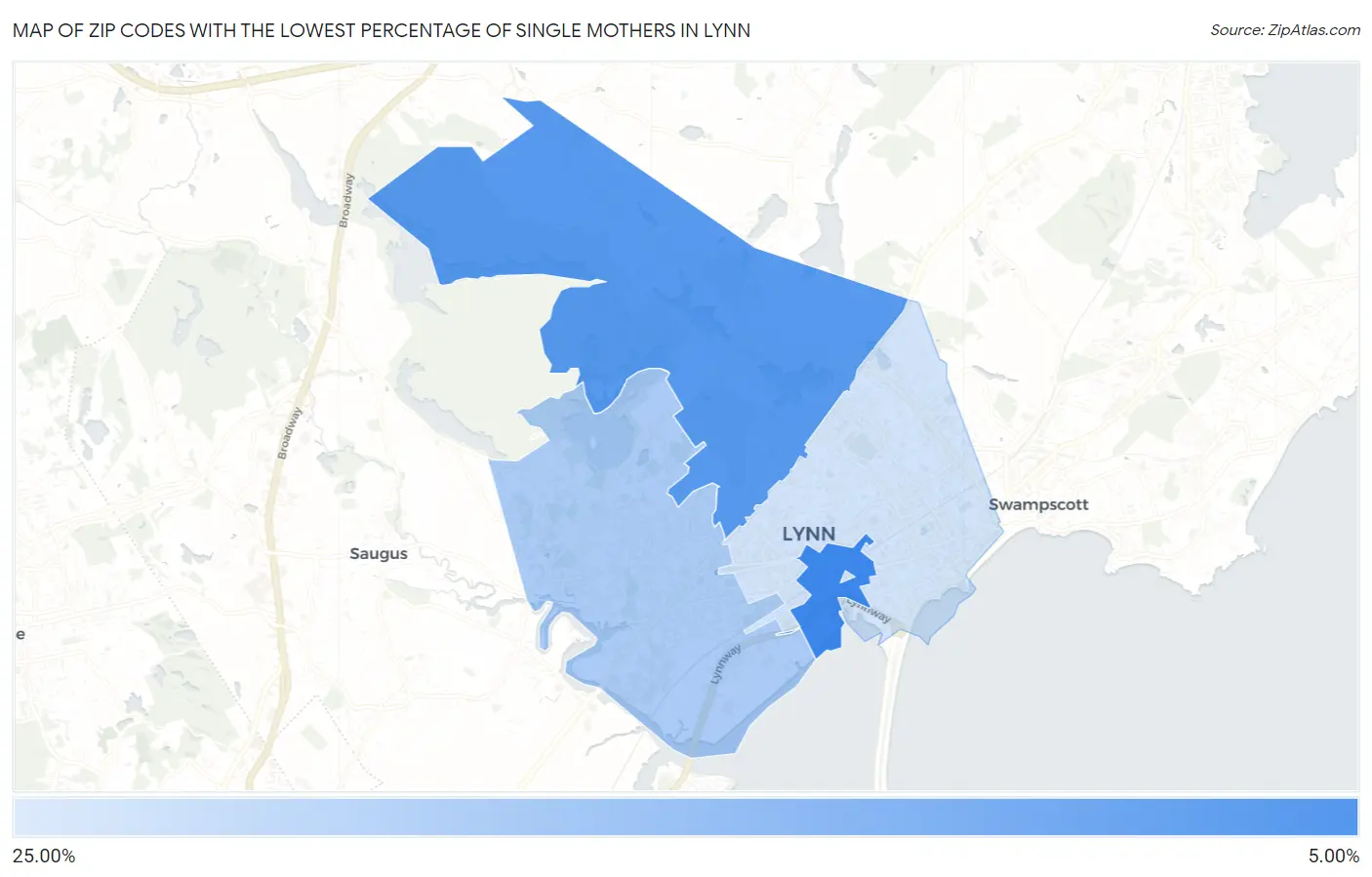 Zip Codes with the Lowest Percentage of Single Mothers in Lynn Map