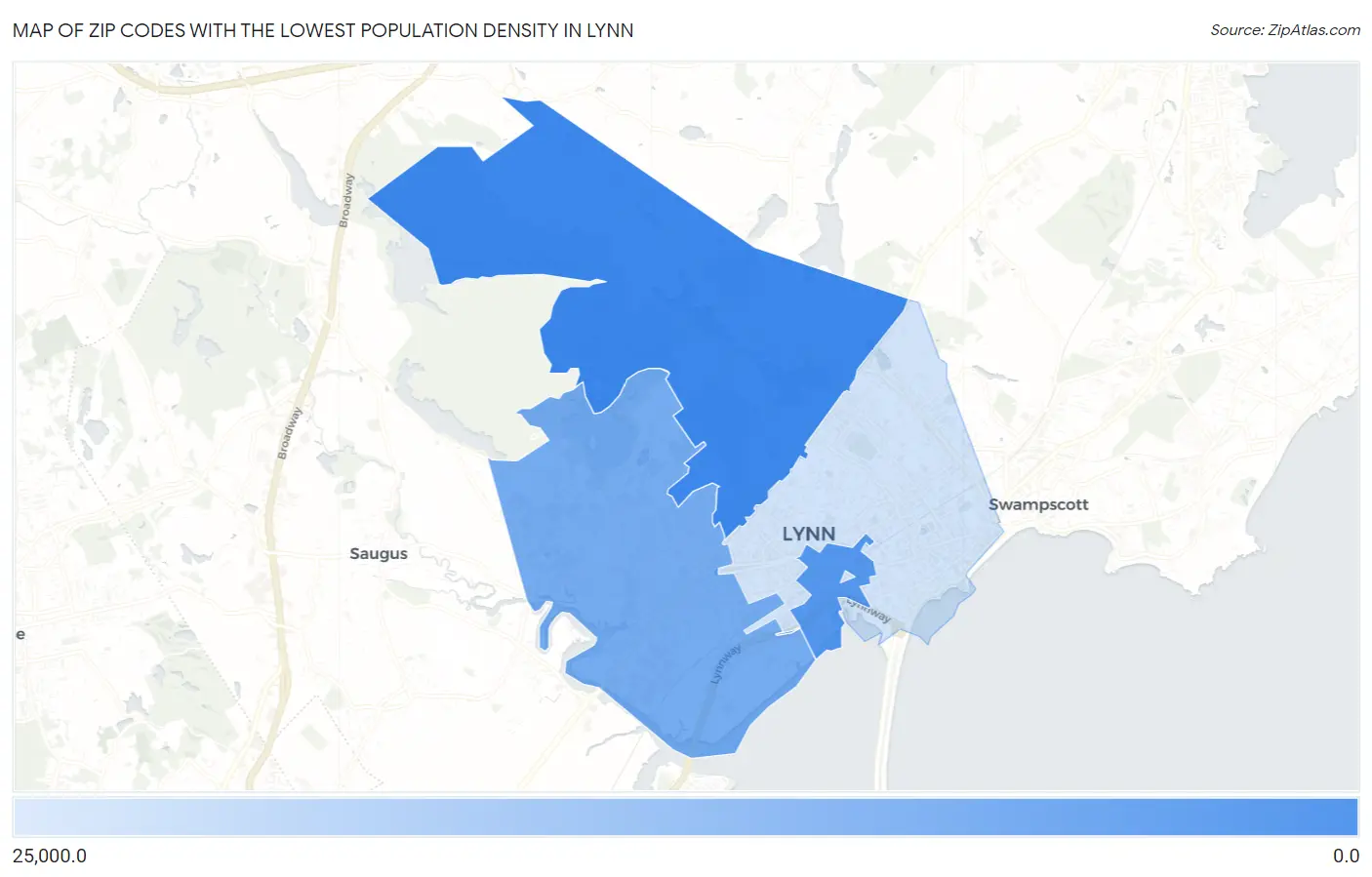 Zip Codes with the Lowest Population Density in Lynn Map