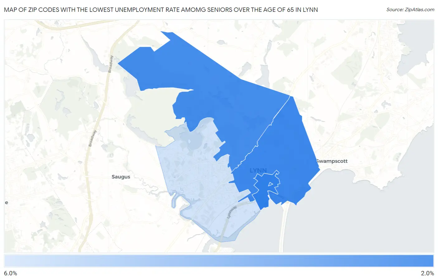 Zip Codes with the Lowest Unemployment Rate Amomg Seniors Over the Age of 65 in Lynn Map