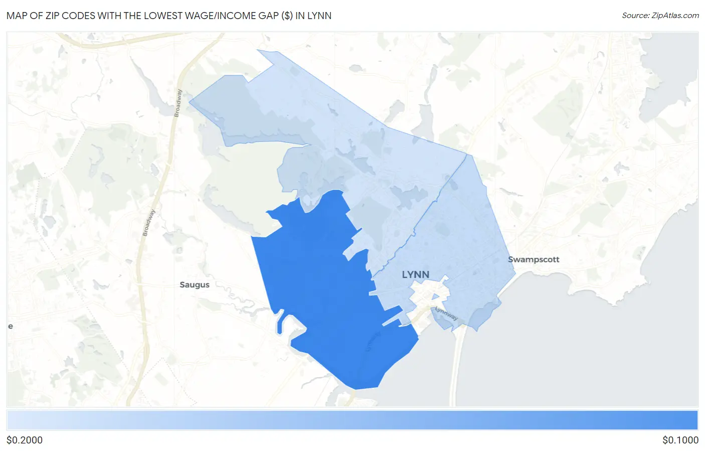 Zip Codes with the Lowest Wage/Income Gap ($) in Lynn Map