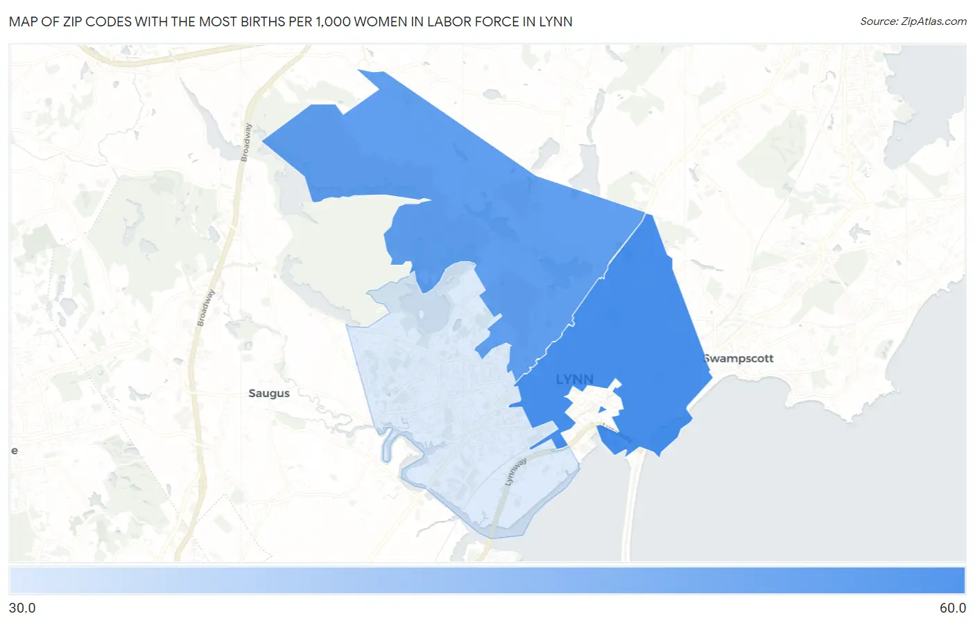 Zip Codes with the Most Births per 1,000 Women in Labor Force in Lynn Map