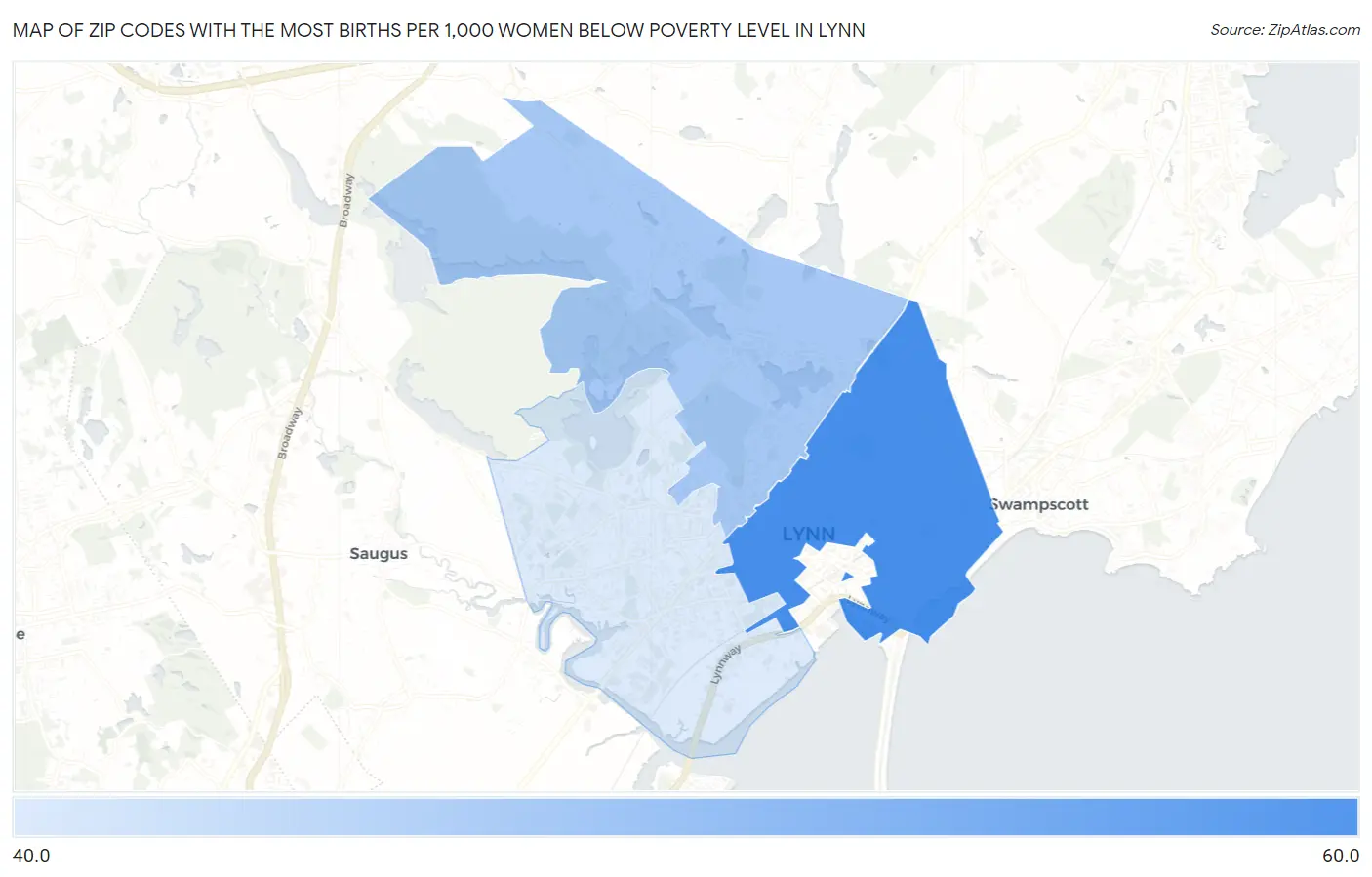 Zip Codes with the Most Births per 1,000 Women Below Poverty Level in Lynn Map