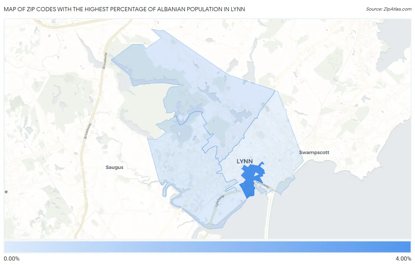 Zip Codes with the Highest Percentage of Albanian Population in Lynn Map