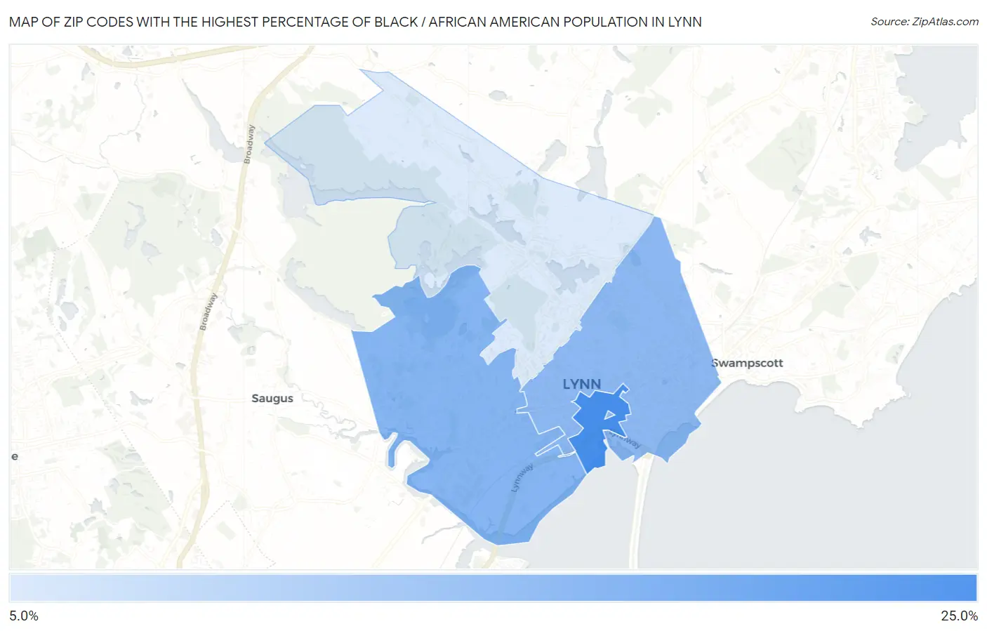 Zip Codes with the Highest Percentage of Black / African American Population in Lynn Map