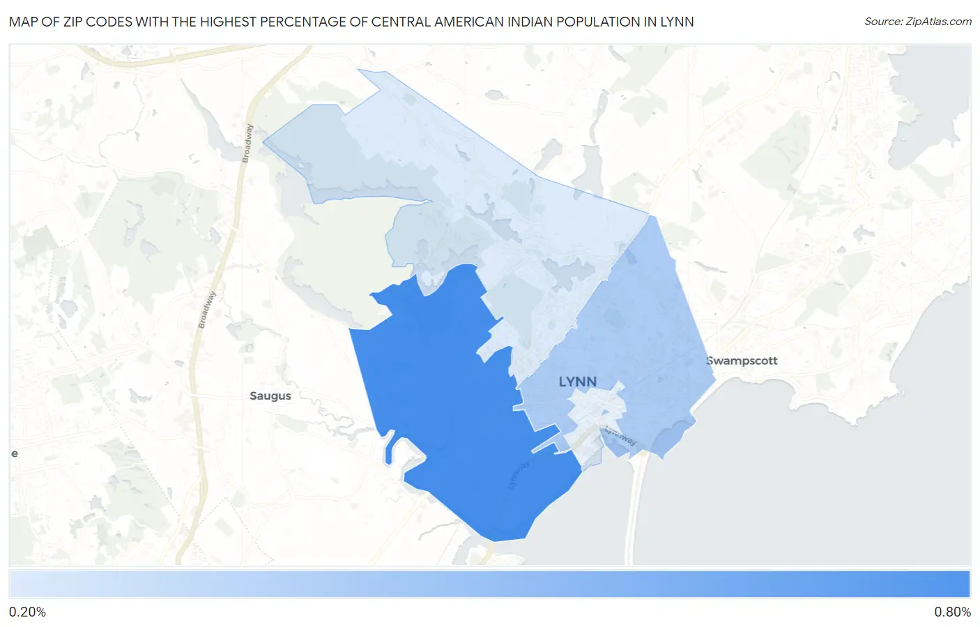 Zip Codes with the Highest Percentage of Central American Indian Population in Lynn Map