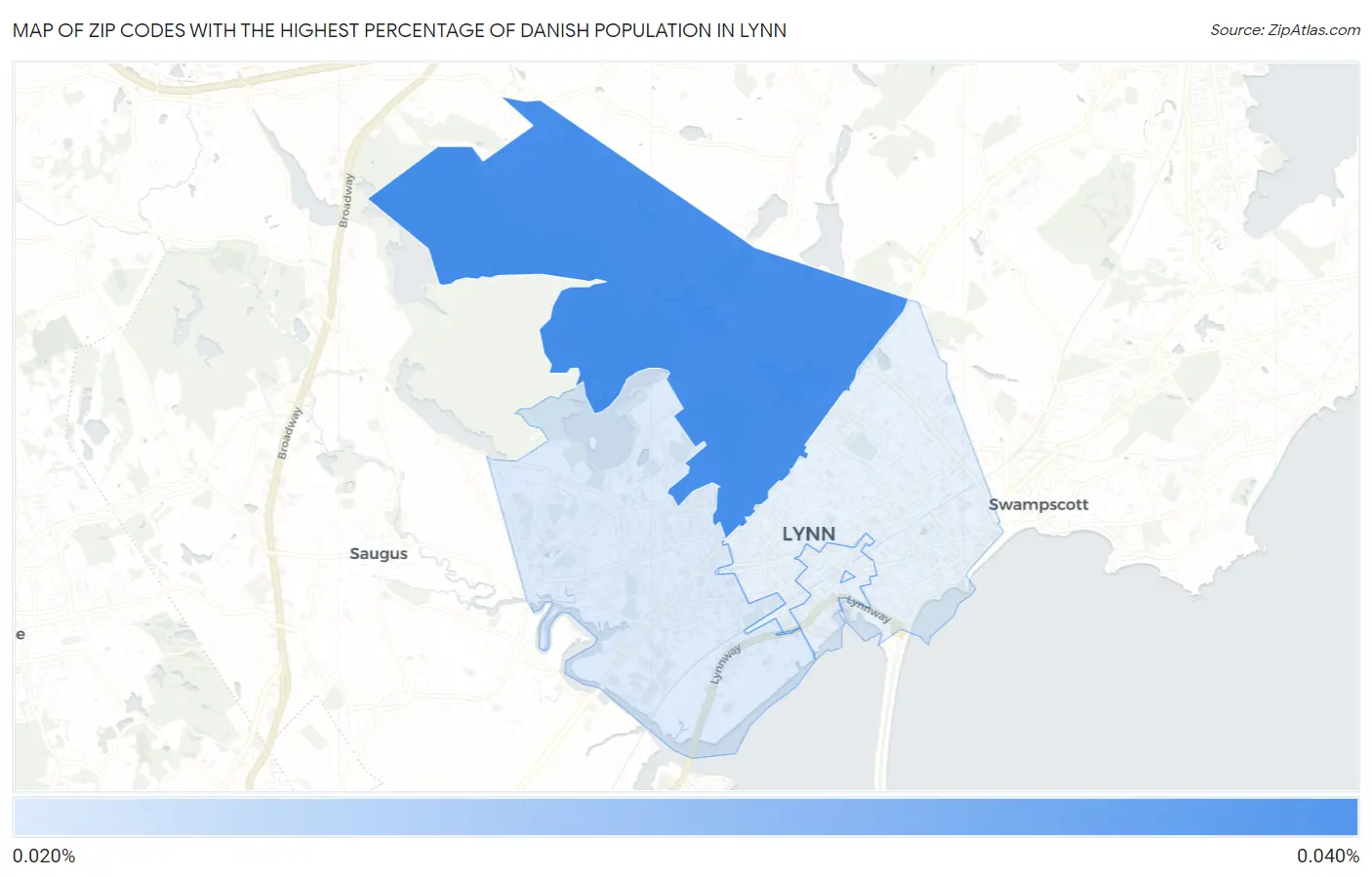 Zip Codes with the Highest Percentage of Danish Population in Lynn Map