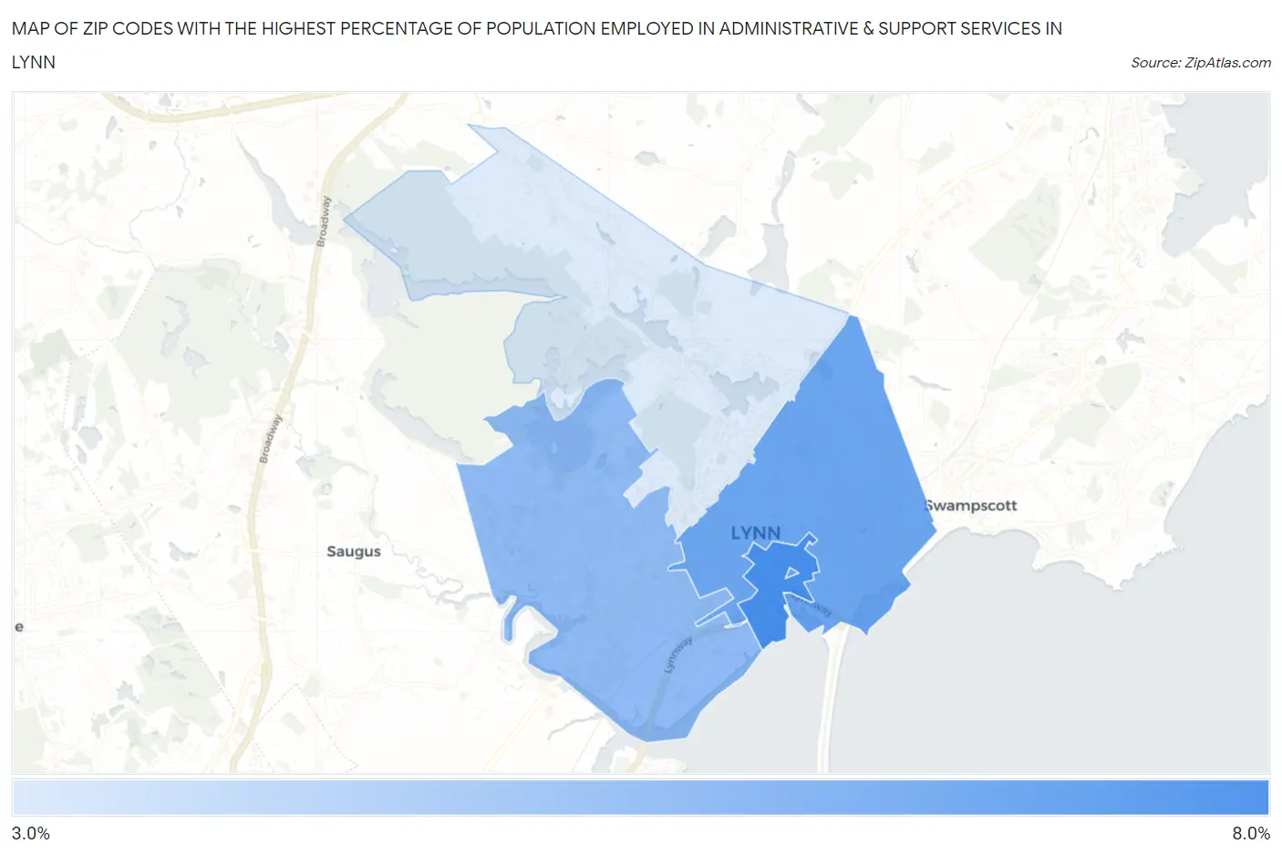 Zip Codes with the Highest Percentage of Population Employed in Administrative & Support Services in Lynn Map
