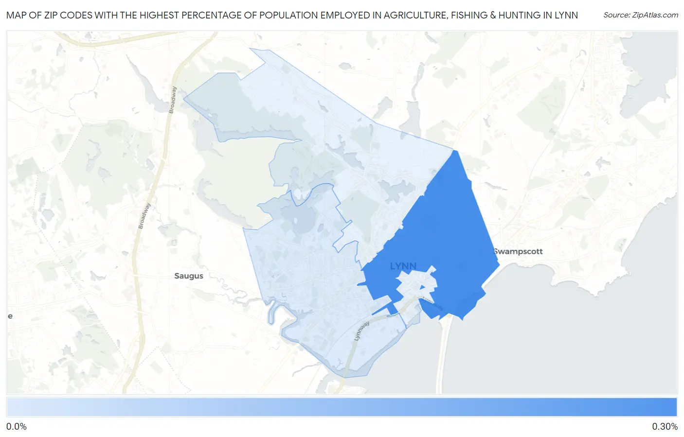 Zip Codes with the Highest Percentage of Population Employed in Agriculture, Fishing & Hunting in Lynn Map