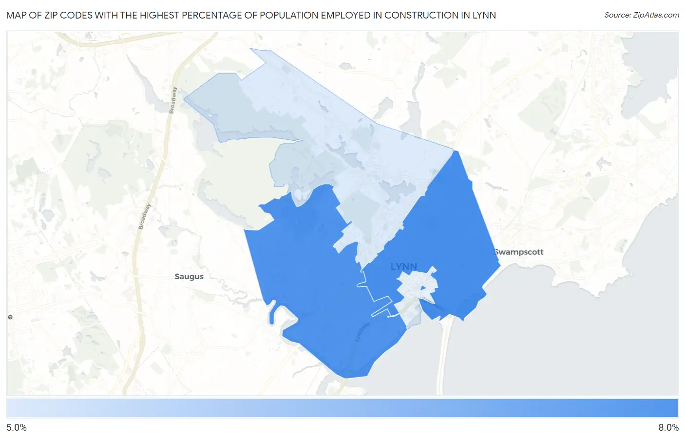 Zip Codes with the Highest Percentage of Population Employed in Construction in Lynn Map