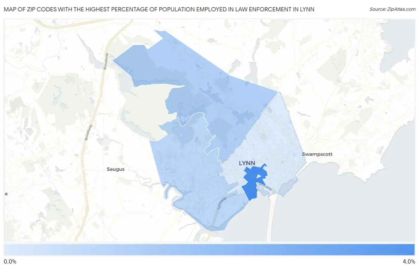 Zip Codes with the Highest Percentage of Population Employed in Law Enforcement in Lynn Map