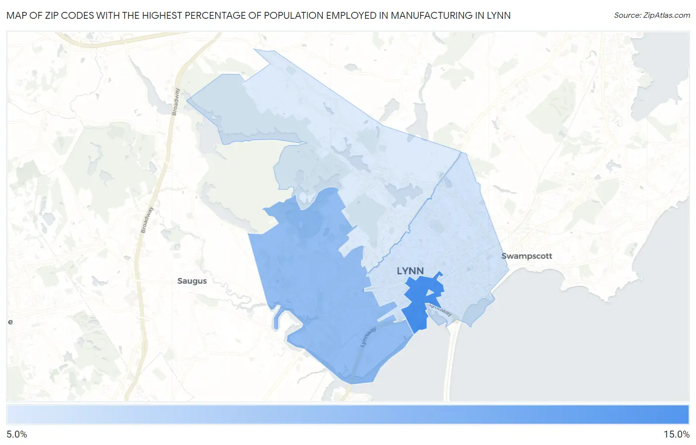 Zip Codes with the Highest Percentage of Population Employed in Manufacturing in Lynn Map