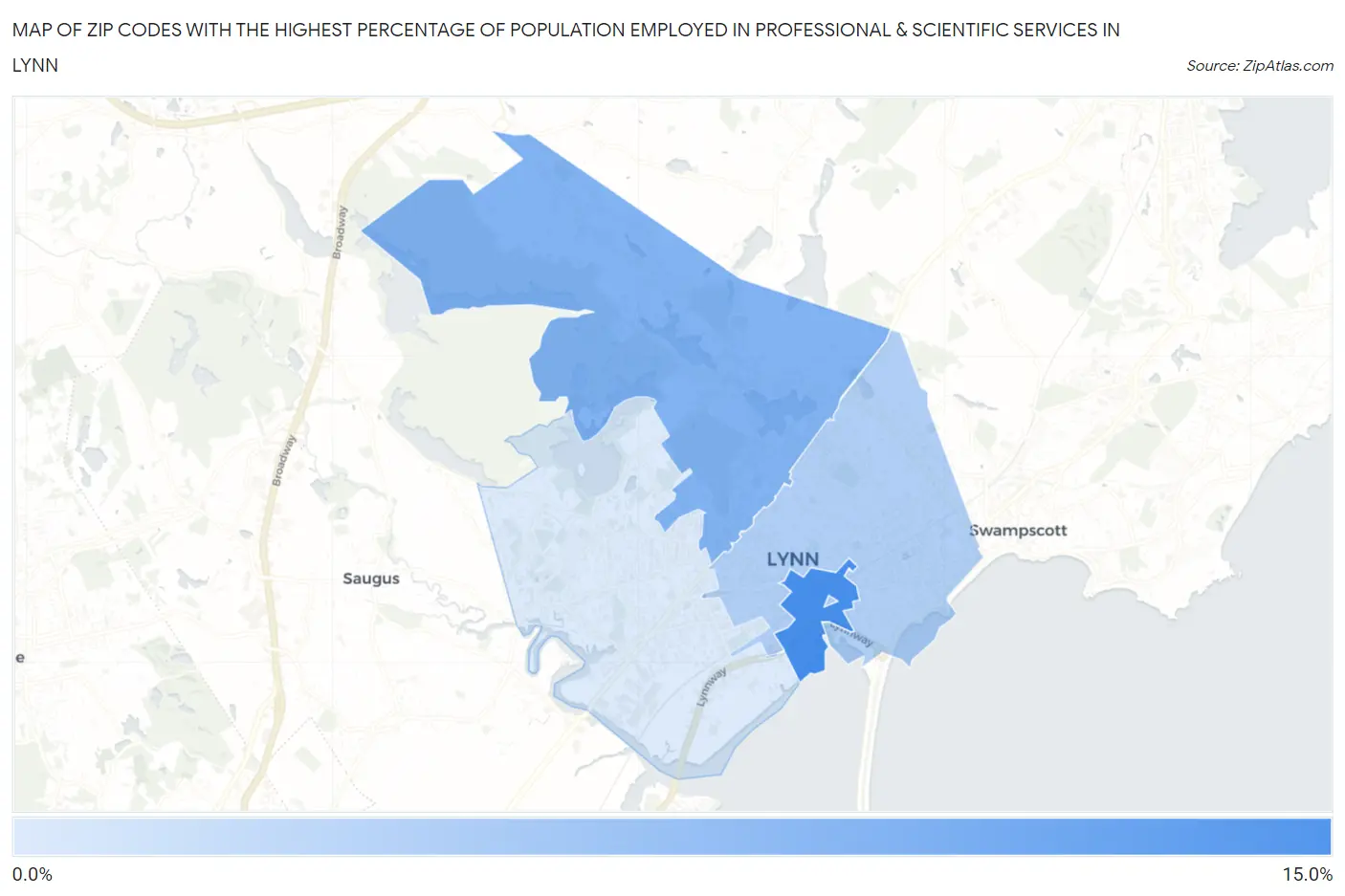 Zip Codes with the Highest Percentage of Population Employed in Professional & Scientific Services in Lynn Map