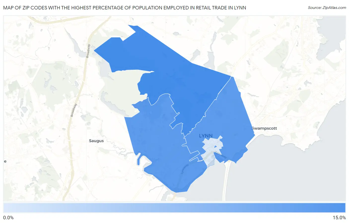 Zip Codes with the Highest Percentage of Population Employed in Retail Trade in Lynn Map