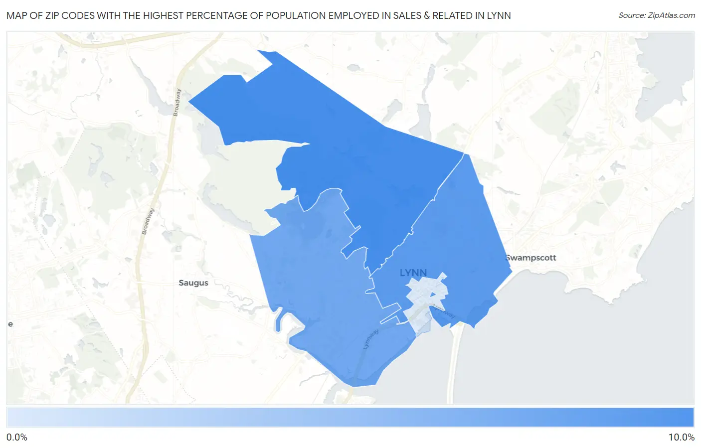 Zip Codes with the Highest Percentage of Population Employed in Sales & Related in Lynn Map