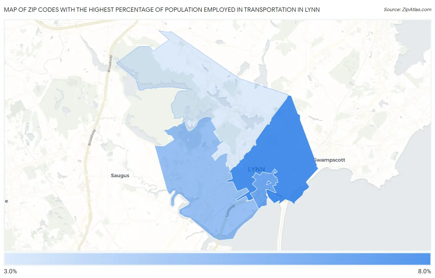 Zip Codes with the Highest Percentage of Population Employed in Transportation in Lynn Map