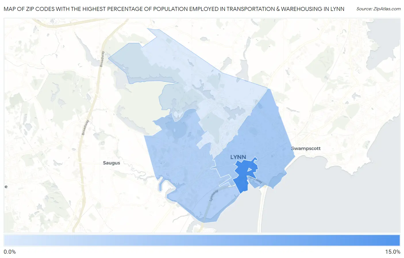 Zip Codes with the Highest Percentage of Population Employed in Transportation & Warehousing in Lynn Map