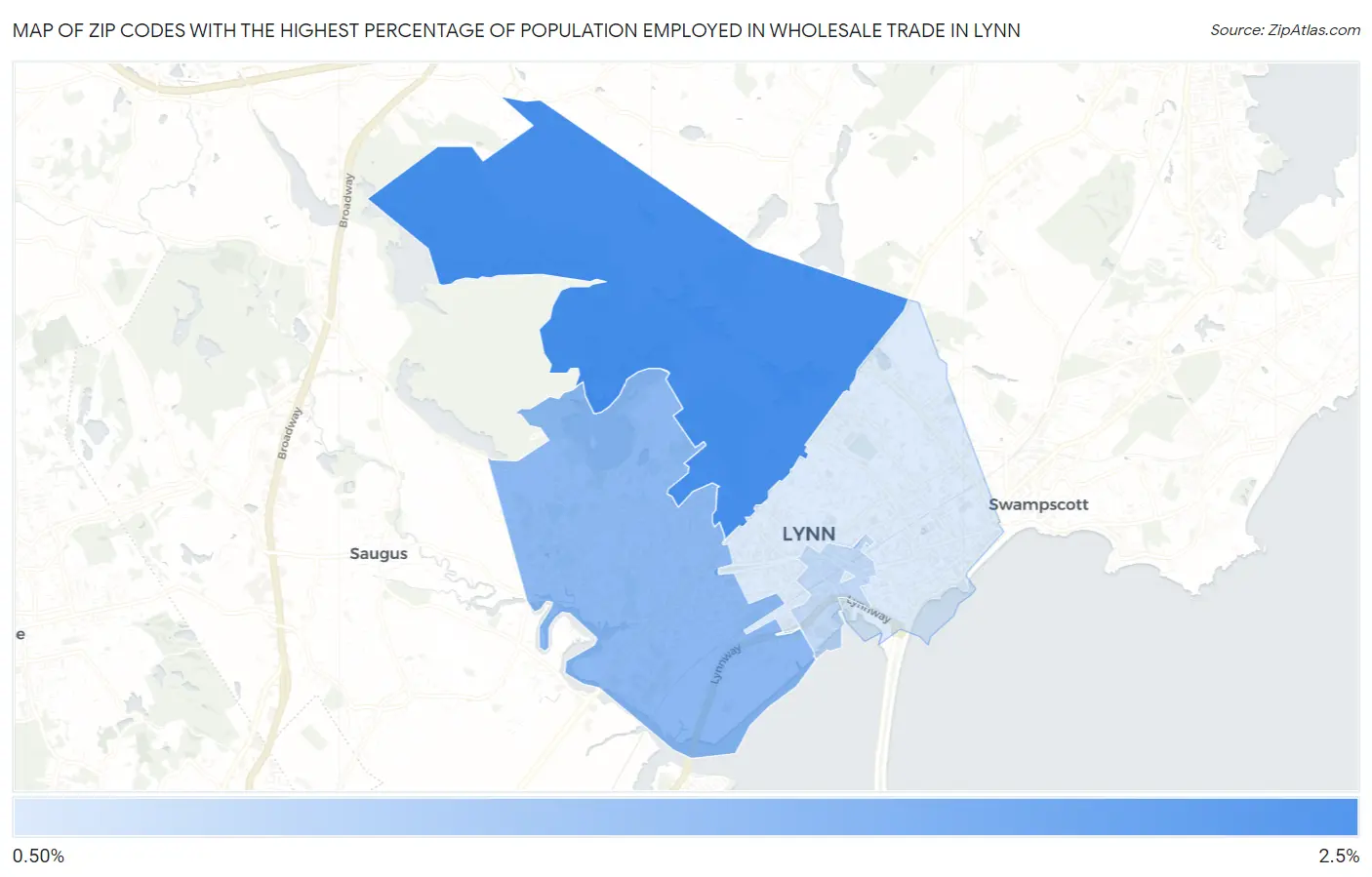 Zip Codes with the Highest Percentage of Population Employed in Wholesale Trade in Lynn Map