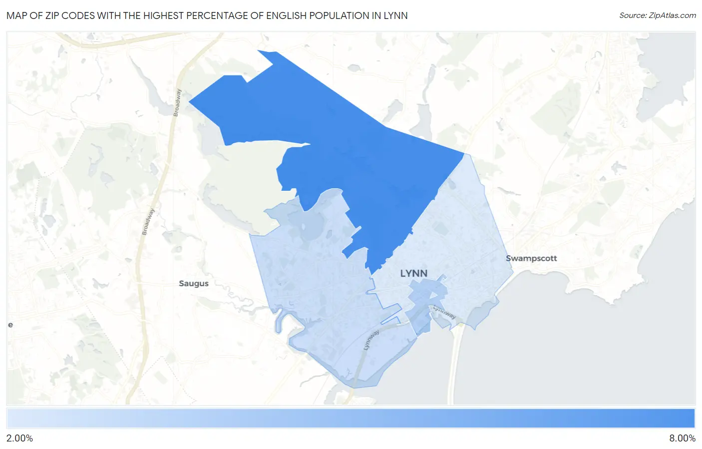 Zip Codes with the Highest Percentage of English Population in Lynn Map