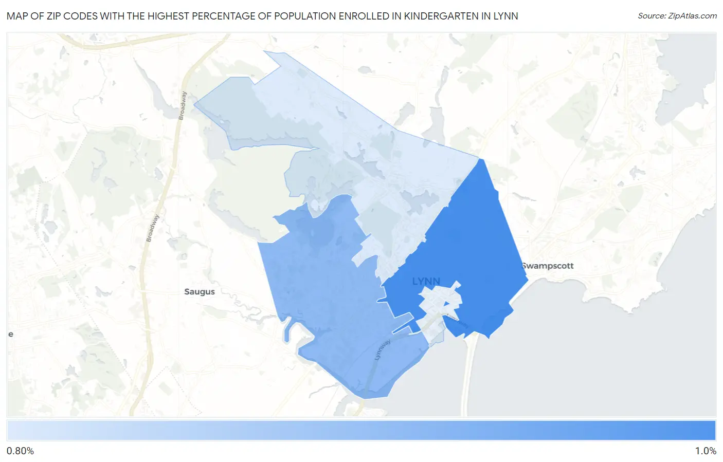 Zip Codes with the Highest Percentage of Population Enrolled in Kindergarten in Lynn Map