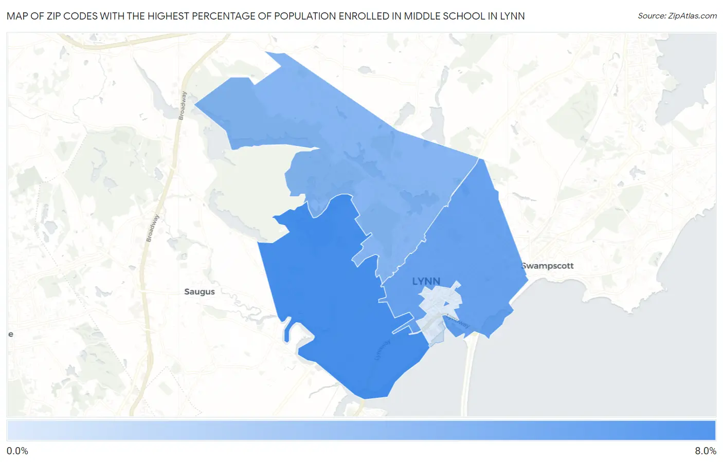 Zip Codes with the Highest Percentage of Population Enrolled in Middle School in Lynn Map