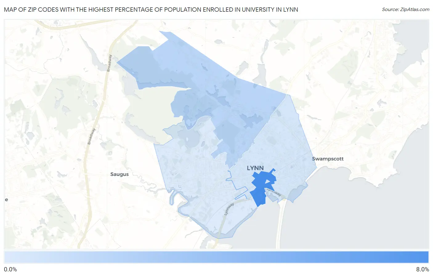 Zip Codes with the Highest Percentage of Population Enrolled in University in Lynn Map