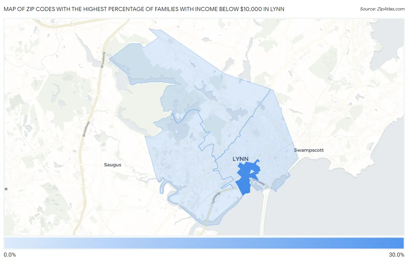 Zip Codes with the Highest Percentage of Families with Income Below $10,000 in Lynn Map