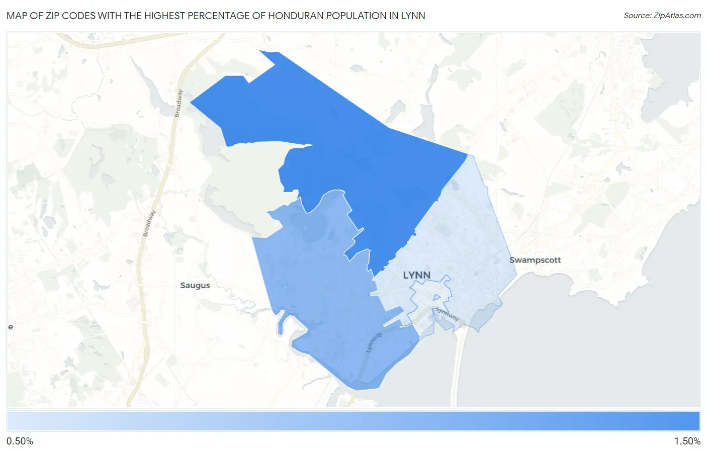 Zip Codes with the Highest Percentage of Honduran Population in Lynn Map