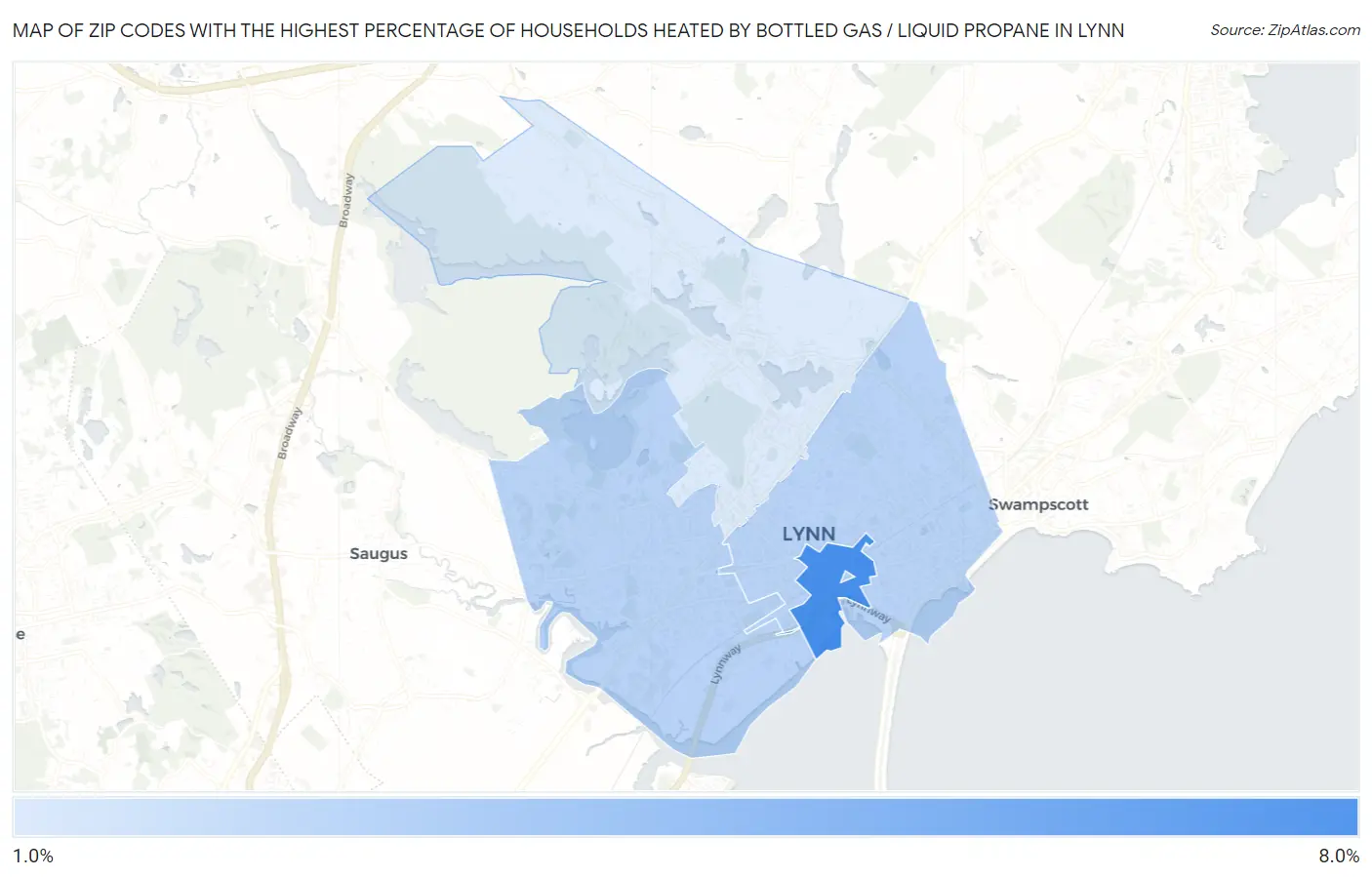Zip Codes with the Highest Percentage of Households Heated by Bottled Gas / Liquid Propane in Lynn Map