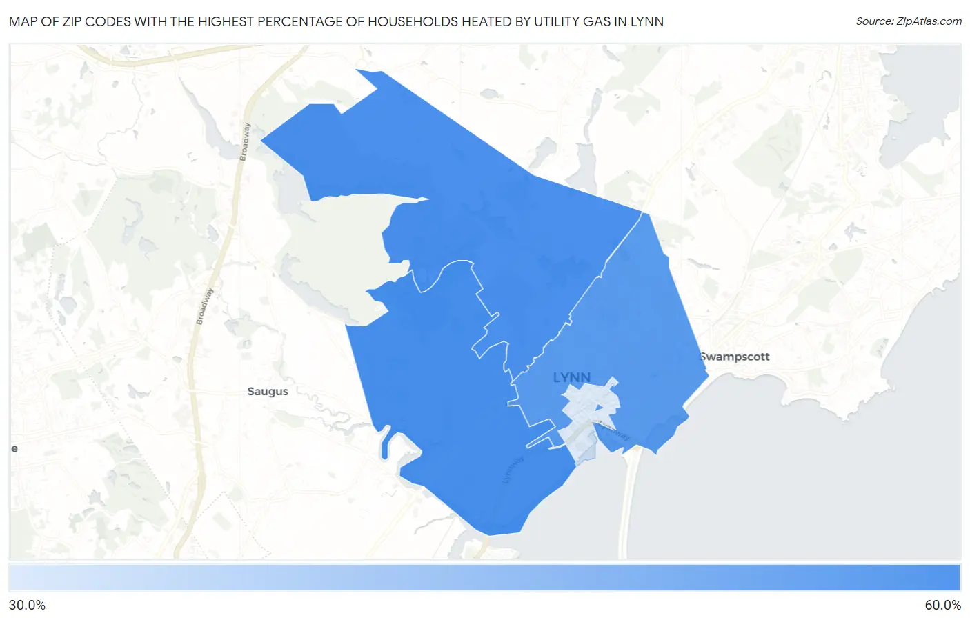 Zip Codes with the Highest Percentage of Households Heated by Utility Gas in Lynn Map