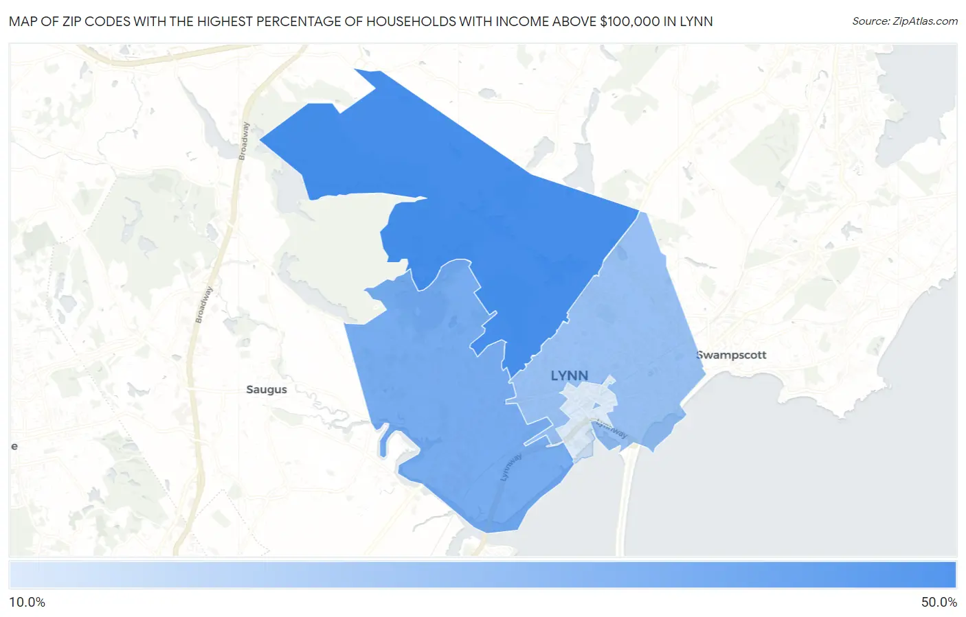 Zip Codes with the Highest Percentage of Households with Income Above $100,000 in Lynn Map