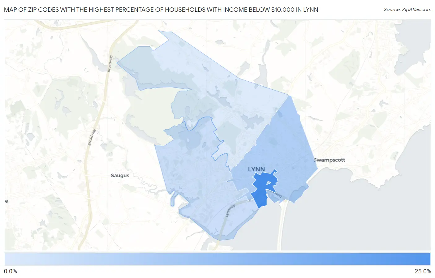 Zip Codes with the Highest Percentage of Households with Income Below $10,000 in Lynn Map