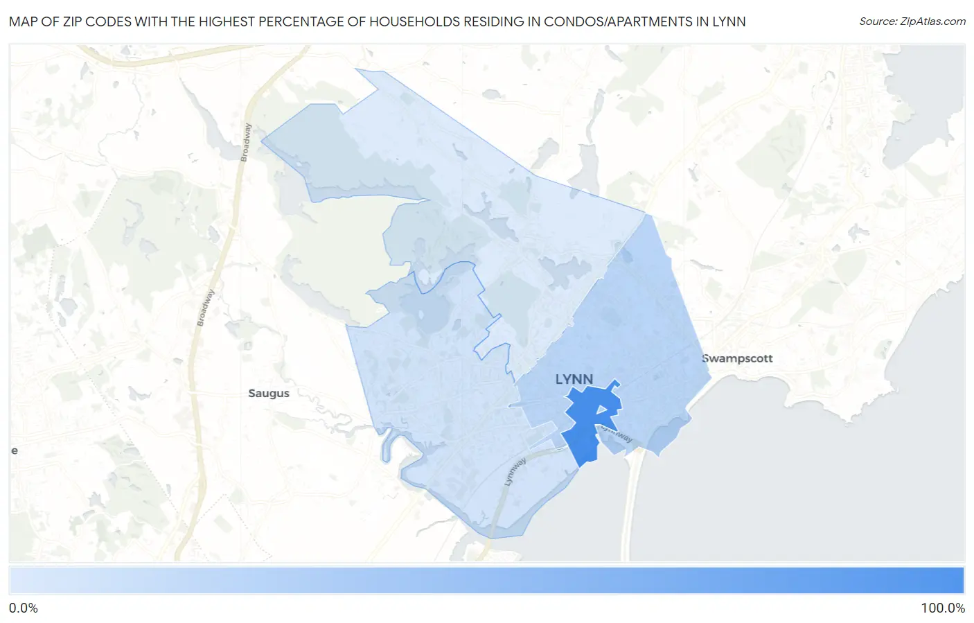 Zip Codes with the Highest Percentage of Households Residing in Condos/Apartments in Lynn Map