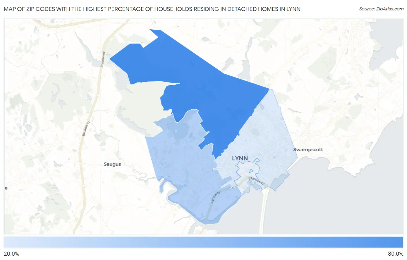 Zip Codes with the Highest Percentage of Households Residing in Detached Homes in Lynn Map