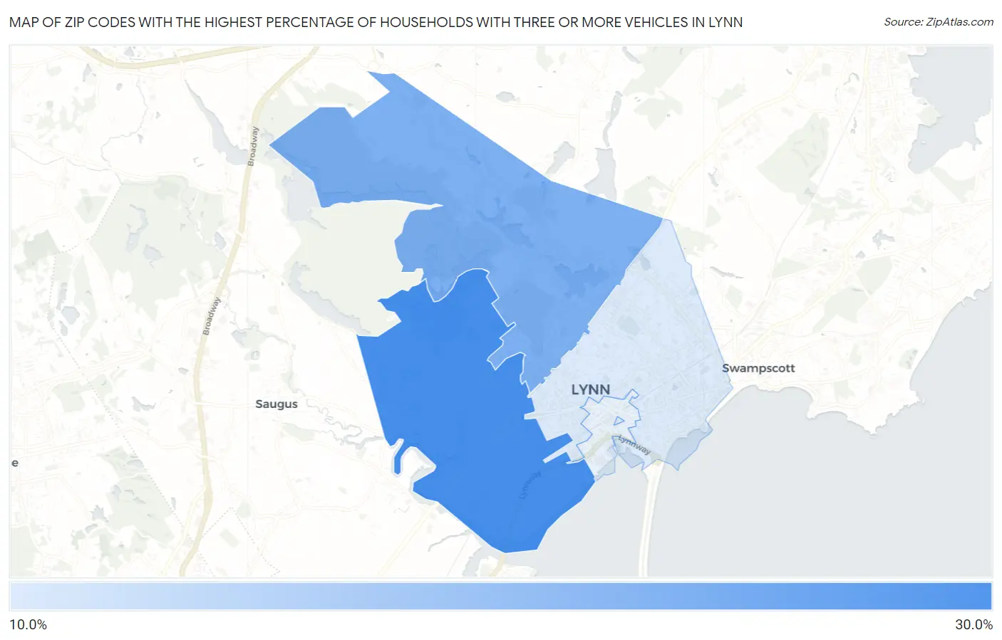 Zip Codes with the Highest Percentage of Households With Three or more Vehicles in Lynn Map